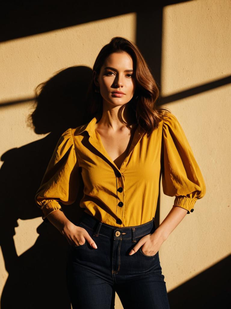 Woman in Mustard Yellow Blouse and Dark Jeans with Dramatic Sunlight Shadows