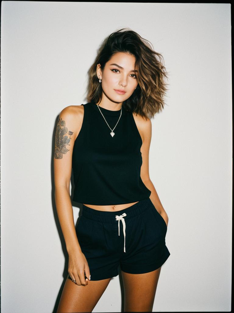 Woman in Minimalistic Chic Sleeveless Black Top with High Neckline and Black Shorts