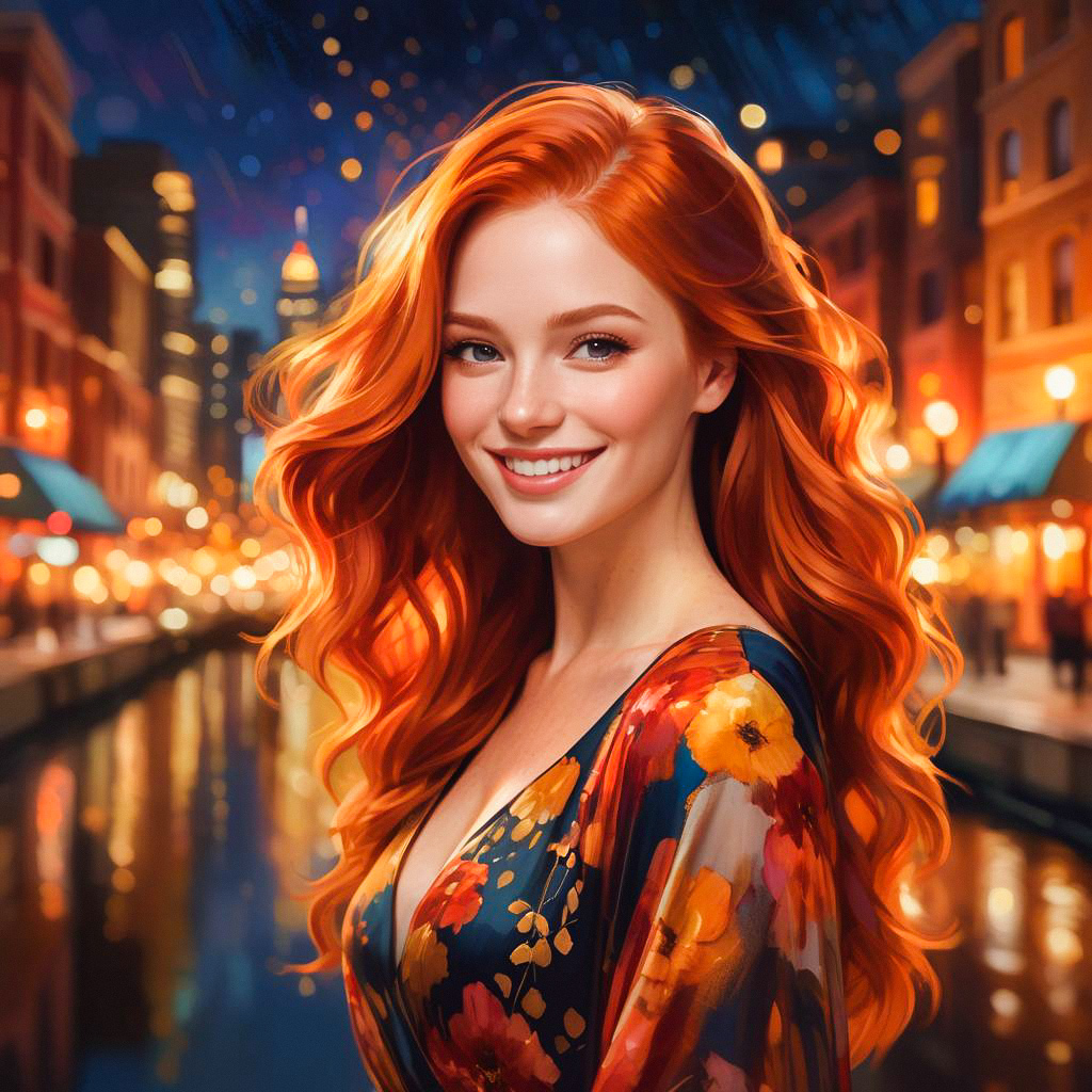 Smiling Red-Haired Woman in Floral Dress - Night Cityscape Smiling Red-Haired Woman in Floral Dress - Night Cityscape