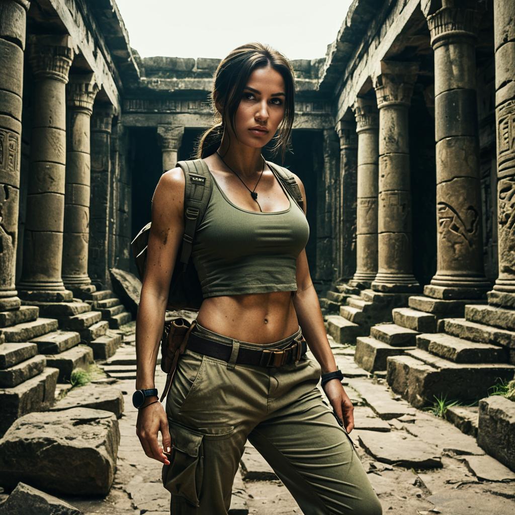Adventurous Woman Exploring Ancient Stone Temple Ruins