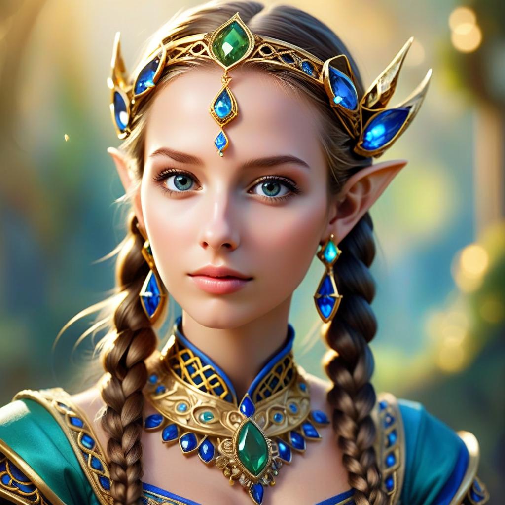 Fantasy Elven Woman Portrait with Ornate Jewel Crown and Braided Hair