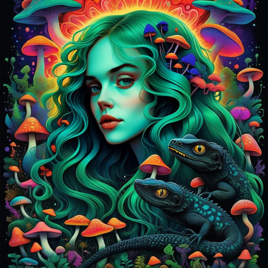 Fantasy Artwork of Woman with Teal Hair, Mushrooms, and Lizards
