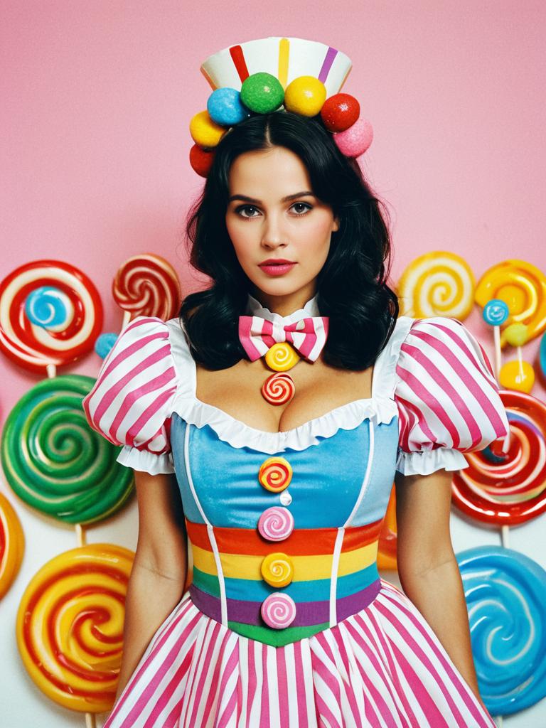 Woman in Candyland Costume with Colorful Lollipops Background