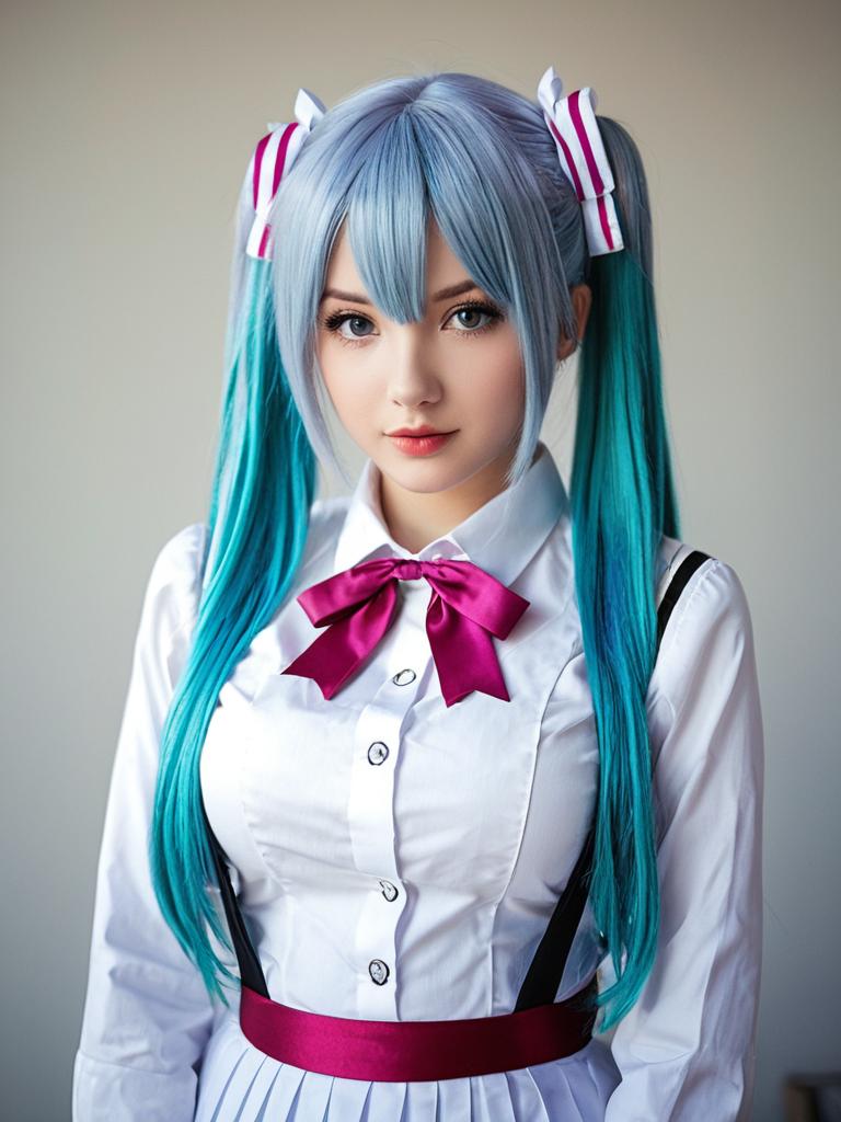 Realistic Hatsune Miku Cosplay Woman with Aqua Twin Tails and White Shirt