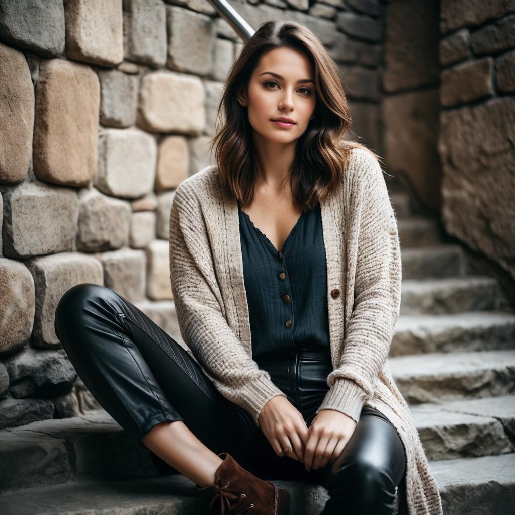 Stylish Woman in Cozy Cardigan on Stone Steps