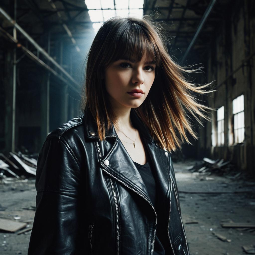 Moody Portrait of Young Woman in Black Leather Jacket in Abandoned Industrial Space