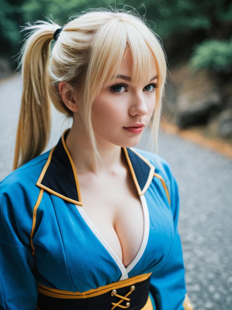 Blonde Woman in Blue Cosplay Costume Outdoors
