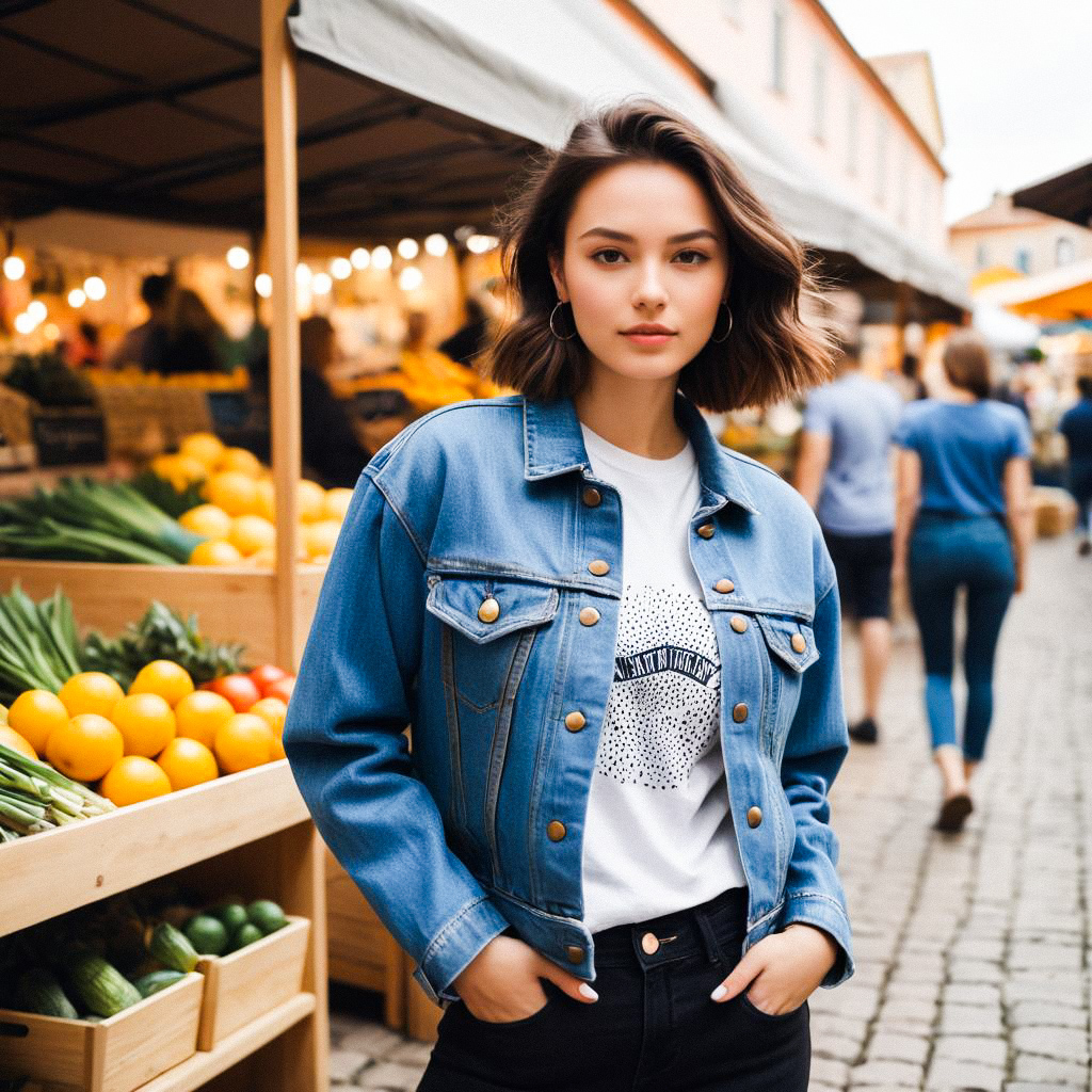 Stylish Woman at Open-Air Market with Fresh Produce