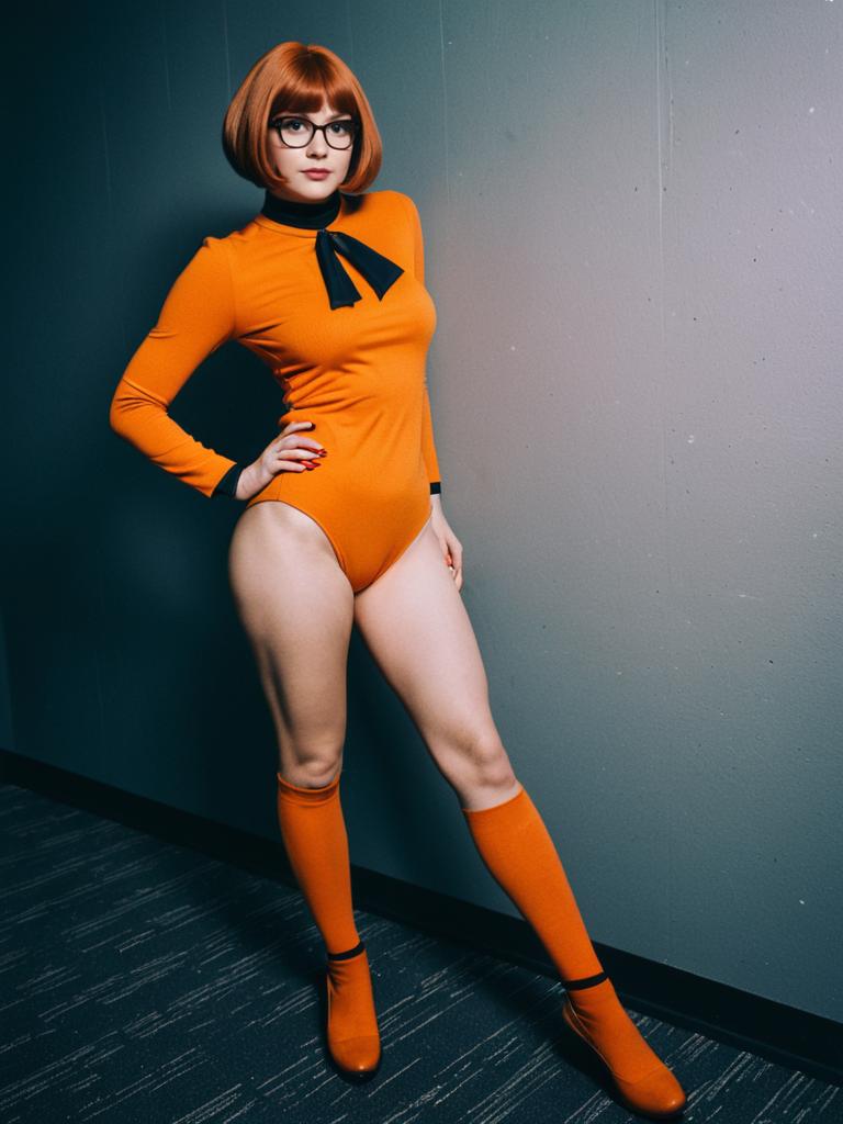 Woman in Velma Costume Full Body Cosplay Photo Cinematic Realism