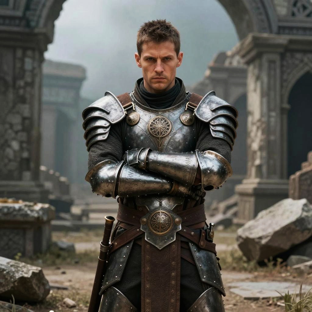 Medieval Knight in Ornate Armor Standing in Ancient Ruins