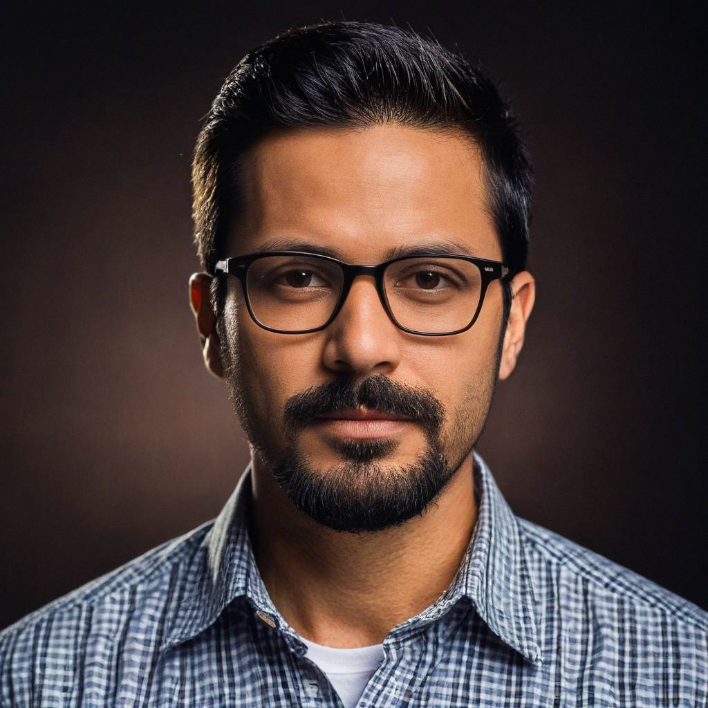 Confident Man in Glasses and Checkered Shirt Confident Man in Glasses and Checkered Shirt