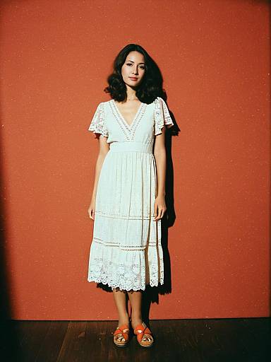 Bohemian Chic Woman in White Lace Maxi Dress with V-Neckline and Flutter Sleeves