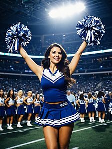Energetic Cheerleader in Blue and White Uniform