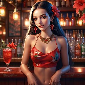 Young Woman with Red Flowers at Tropical Bar