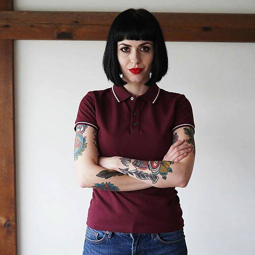 Confident Woman with Tattoos in Maroon Polo Shirt