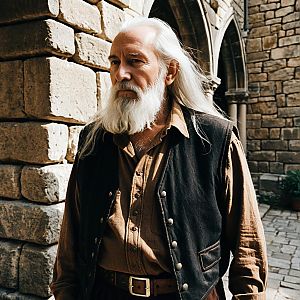 Elderly Man in Medieval Attire Standing Beside Stone Wall