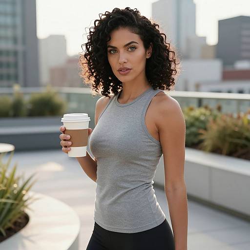 Confident Woman With Curly Hair Holding Coffee On Rooftop Terrace