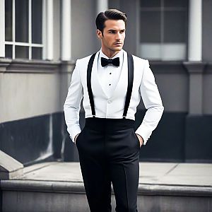 Confidently Dressed Man in Tuxedo Outside Classic Building