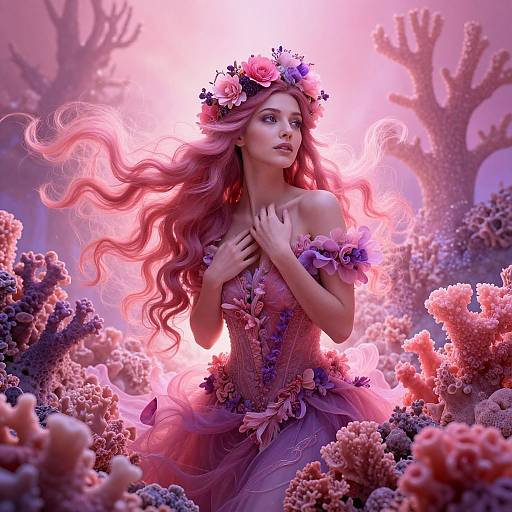 Fantasy Portrait of Woman with Pink Hair and Floral Crown in Coral Underwater Environment