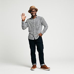 Friendly Young Man Waving in Casual Striped Shirt and Brown Hat