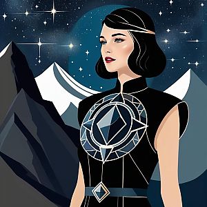 Futuristic Woman in Starry Night with Mountains