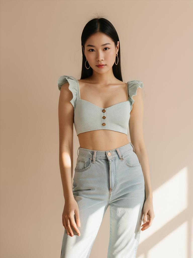 Contemporary Chic Woman in White Bustier Style Top with Exposed Shoulders and High Waist Jeans