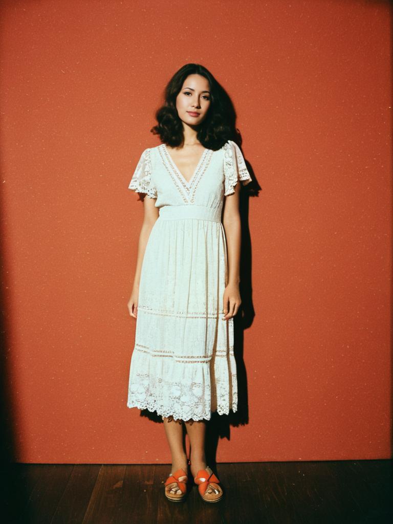 Bohemian Chic Woman in White Lace Maxi Dress with V-Neckline and Flutter Sleeves