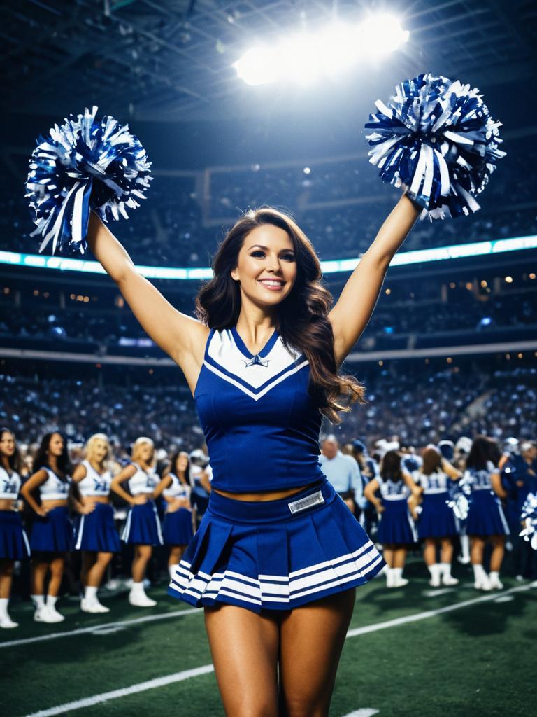 Energetic Cheerleader in Blue and White Uniform