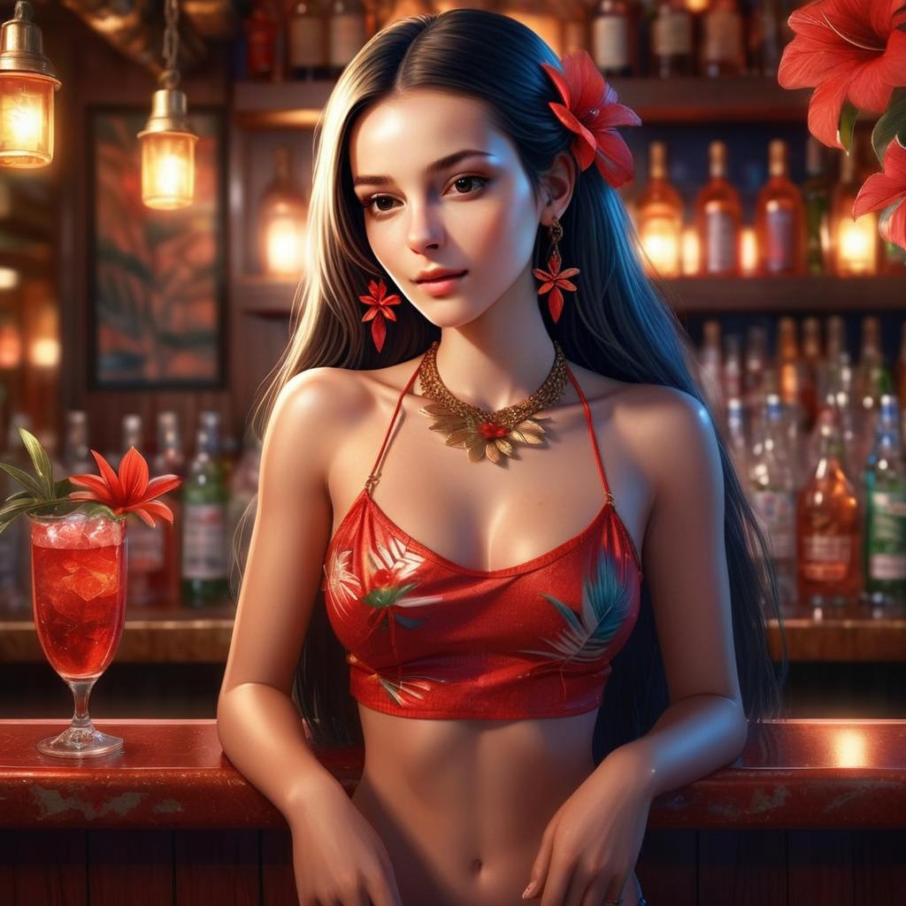 Young Woman with Red Flowers at Tropical Bar Young Woman with Red Flowers at Tropical Bar