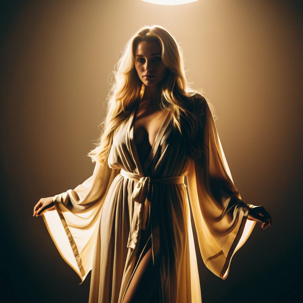 Elegant Woman in Flowing Silk Gown with Dramatic Warm Lighting Elegant Woman in Flowing Silk Gown with Dramatic Warm Lighting