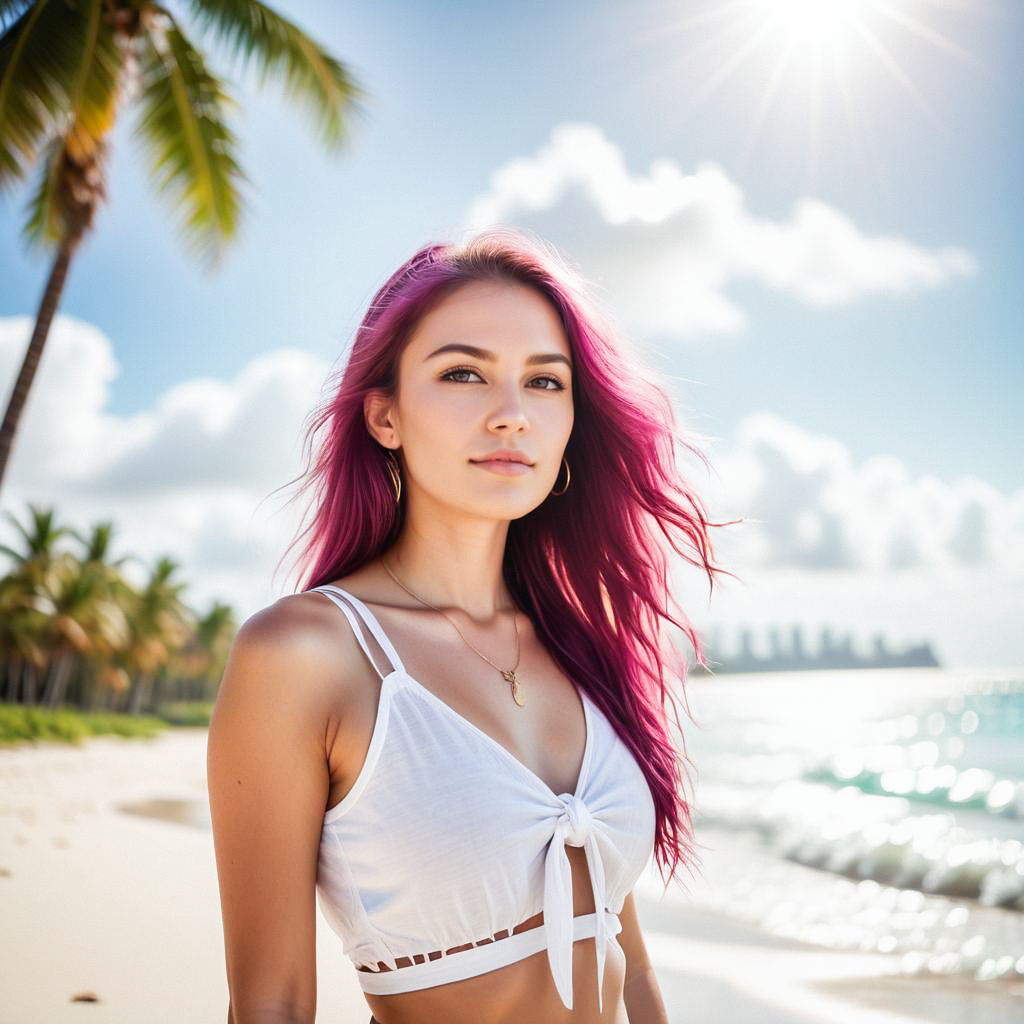 Young Woman with Pink Hair on Tropical Beach