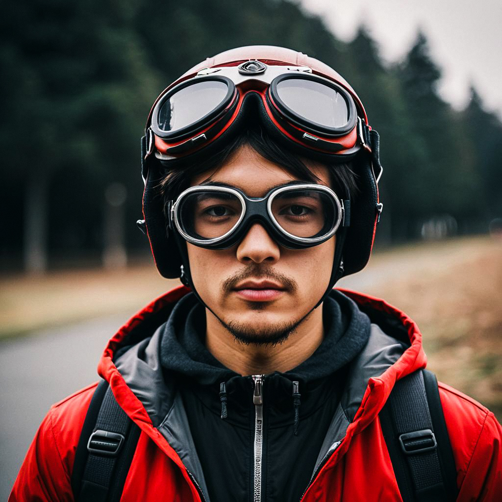 Young Man in Red Helmet and Jacket Outdoors