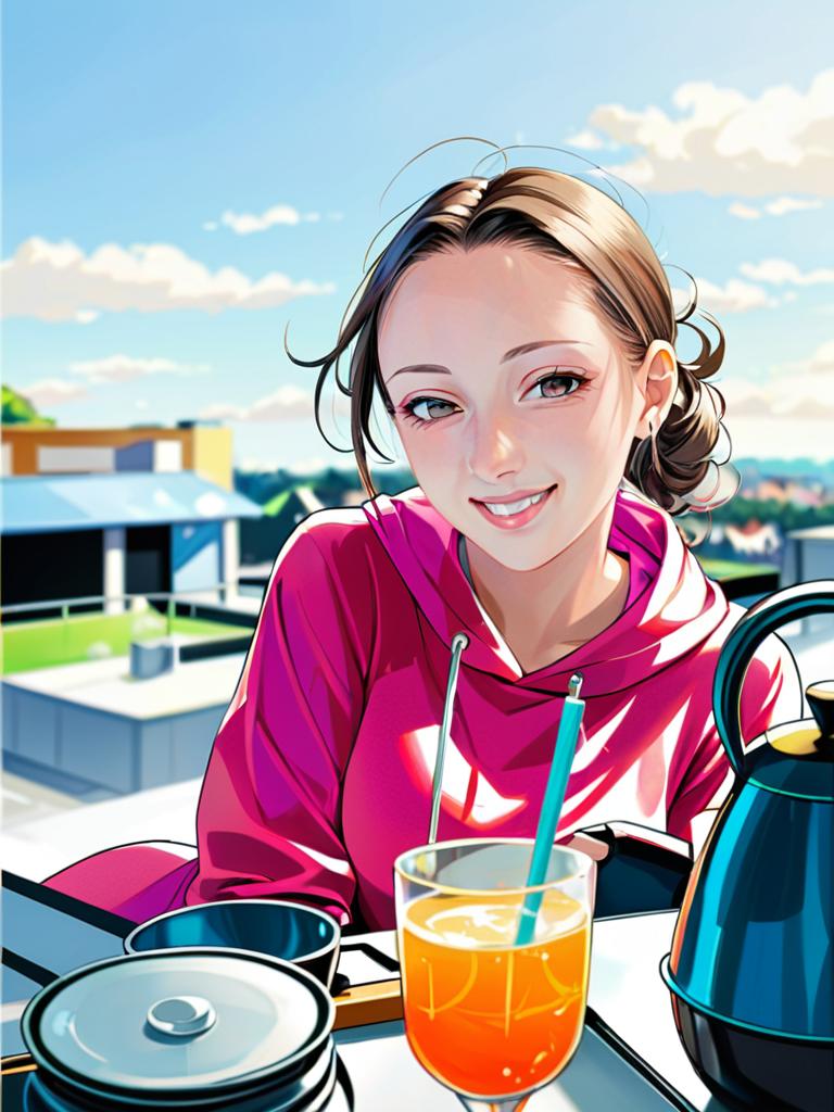 Anime-style Woman in Pink Hoodie with Drinks