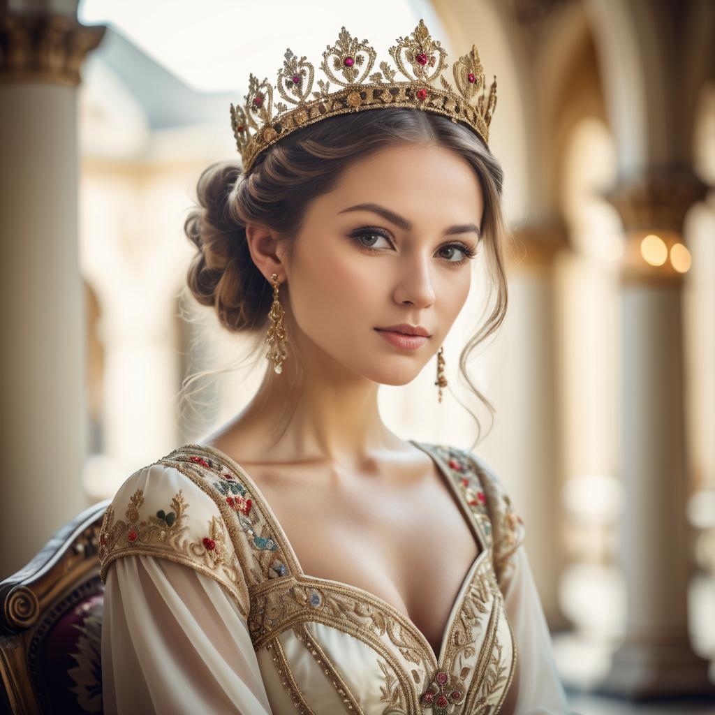 Regal Woman in Embroidered Vintage Gown with Golden Jeweled Crown