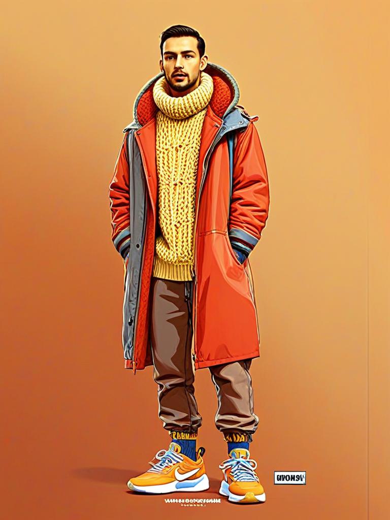 Stylish Man in Chunky Yellow Knit Sweater and Orange Coat Stylish Man in Chunky Yellow Knit Sweater and Orange Coat