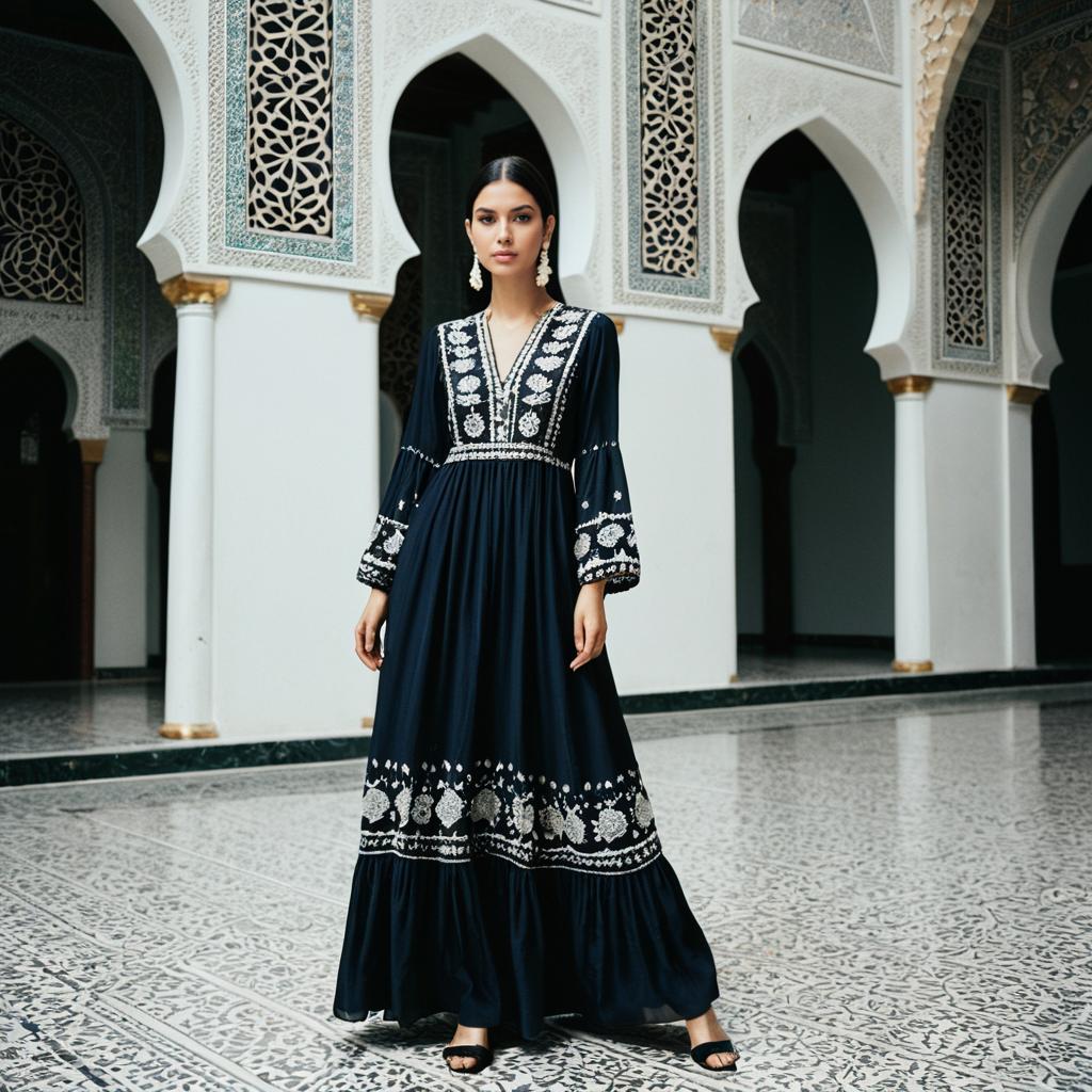 Elegant Woman in Embroidered Black Dress in Ornate Architectural Setting