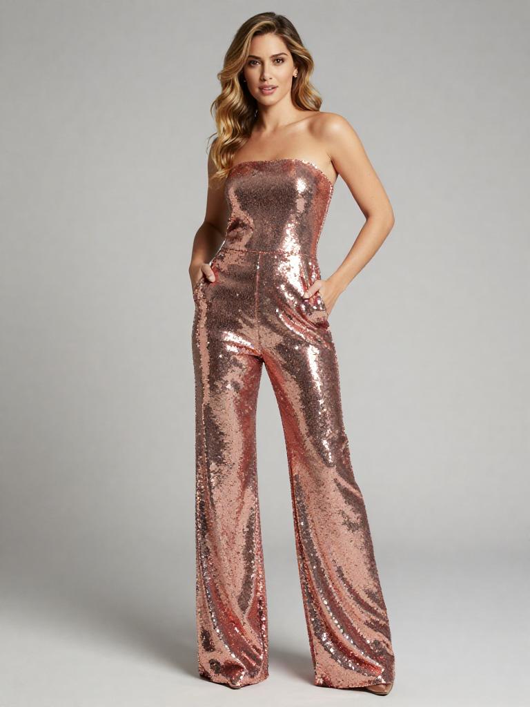Woman Wearing Strapless Rose Gold Sequin Jumpsuit with Wide Legs