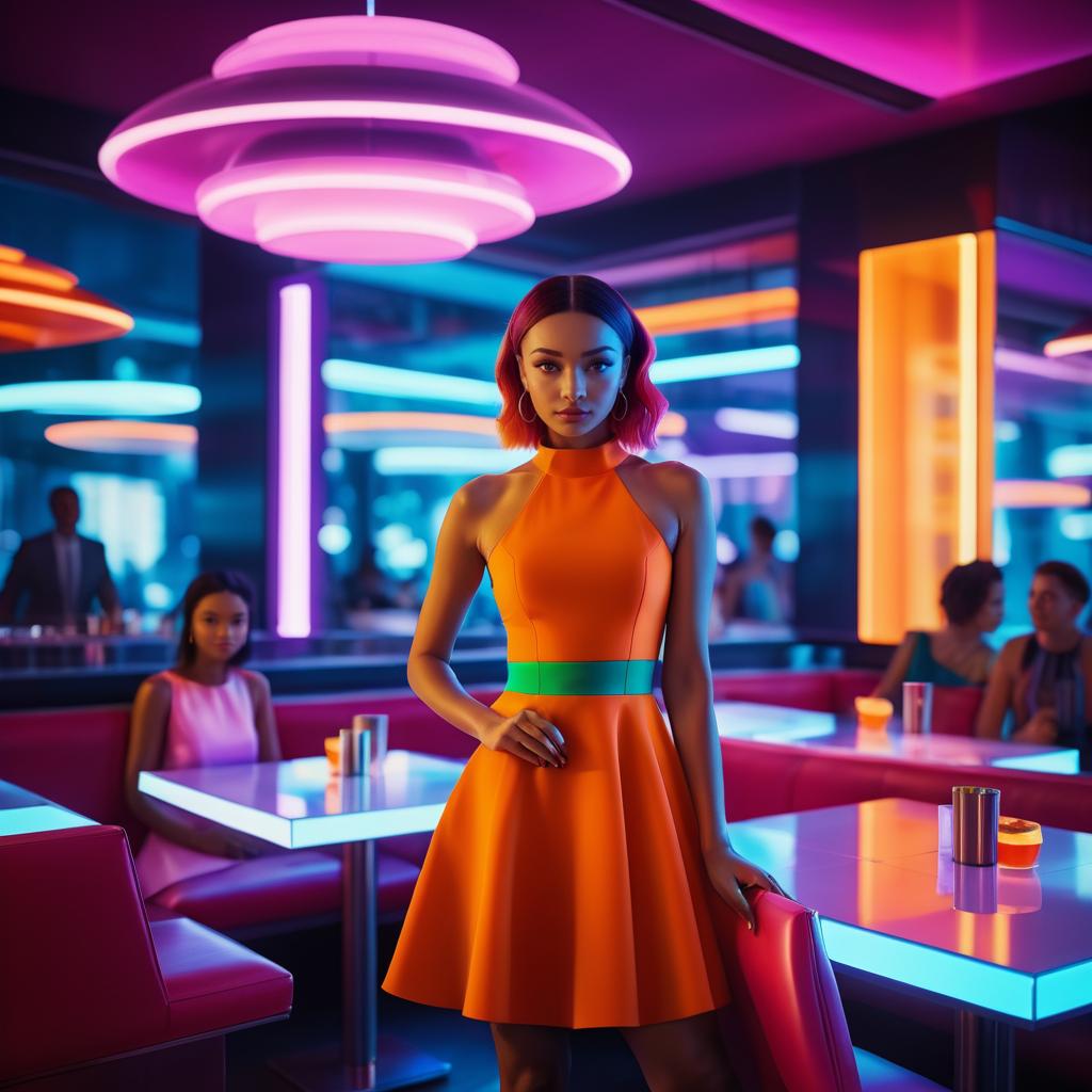 Stylish Woman in Orange Dress at Neon Restaurant