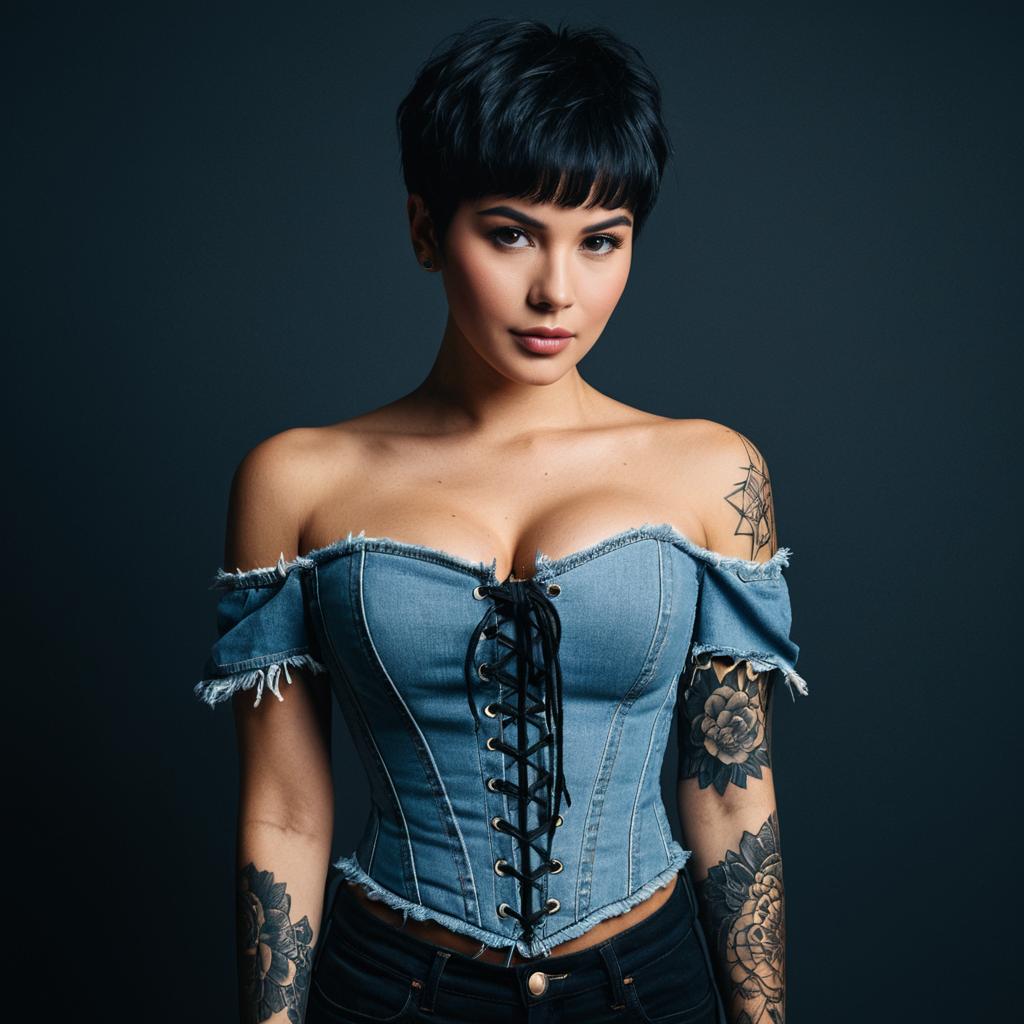Stylish Young Woman in Denim Corset with Floral Tattoos Portrait