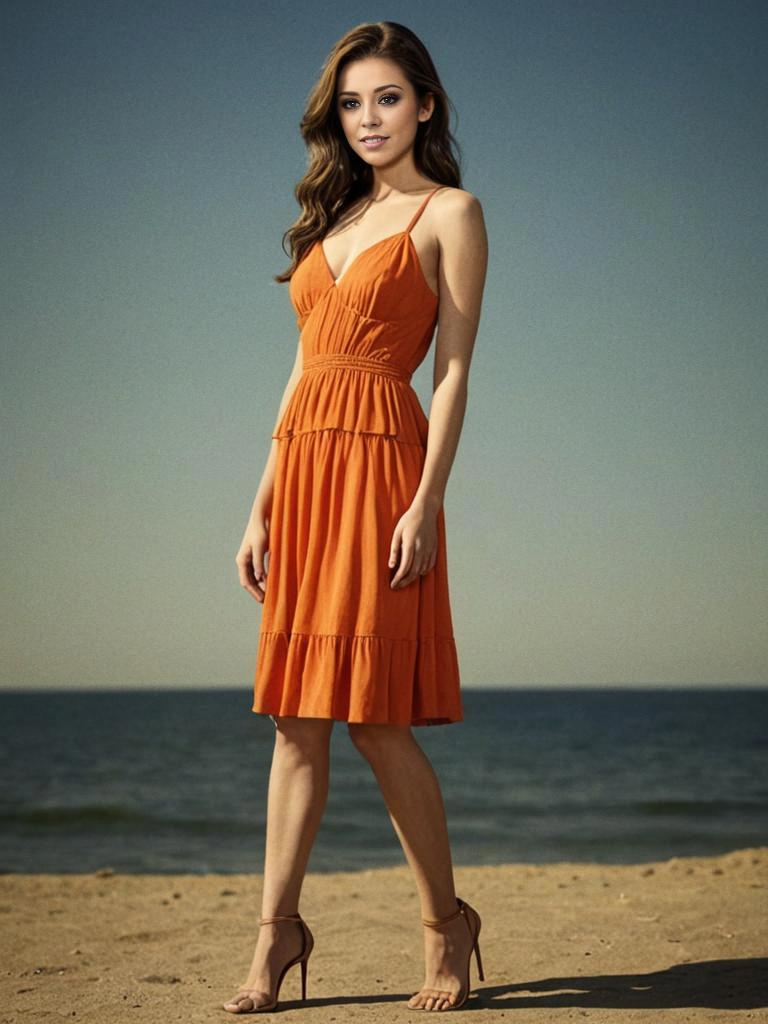 Woman in Elegant Orange Dress on Beach