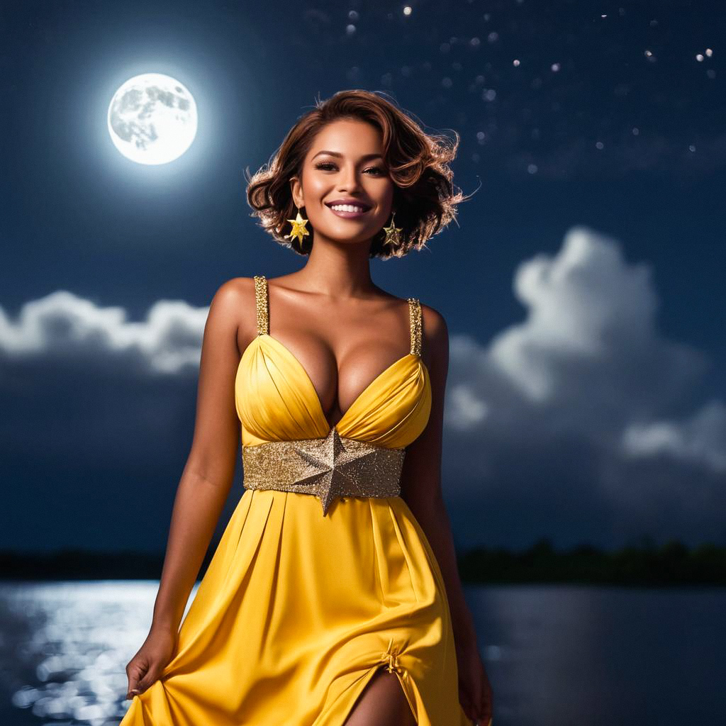 Radiant Woman in Yellow Gown Under Moonlit Sky