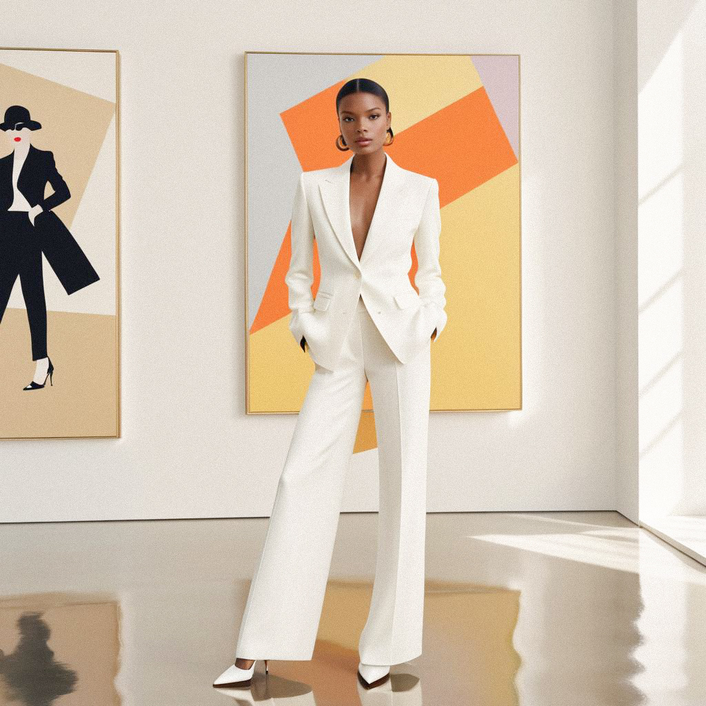 Confident Woman in White Suit