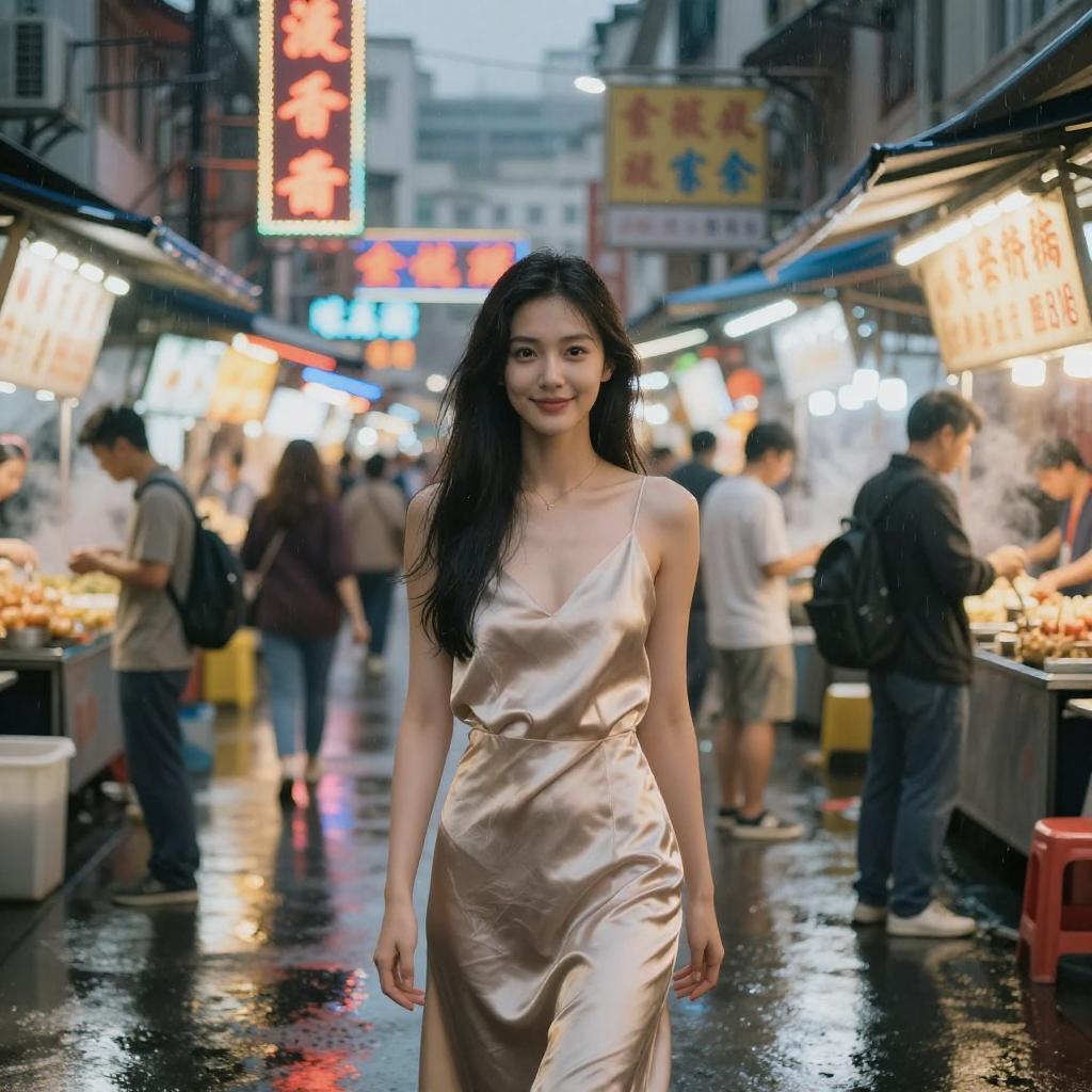 Young Woman Walking at Vibrant Neon-Lit Night Market