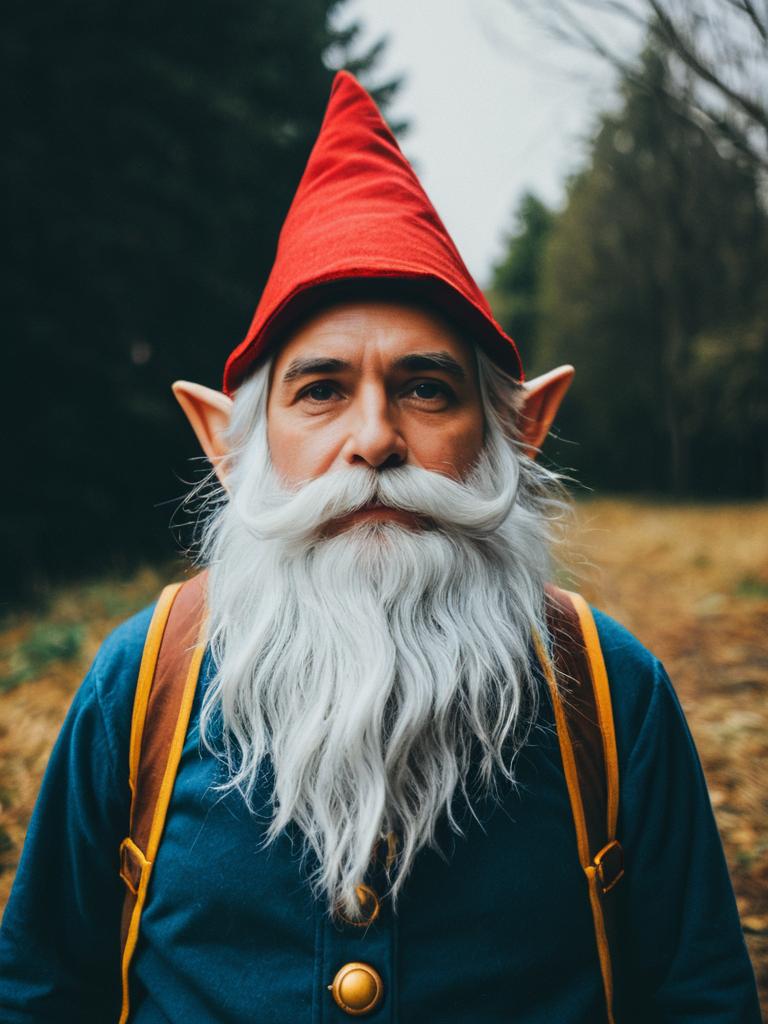 Man in Playful Gnome Costume with White Beard and Red Hat Outdoor Portrait