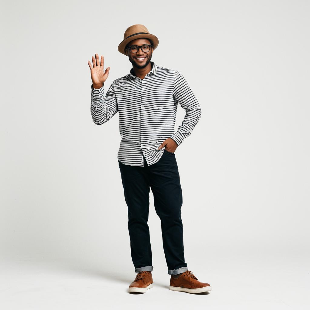 Friendly Young Man Waving in Casual Striped Shirt and Brown Hat
