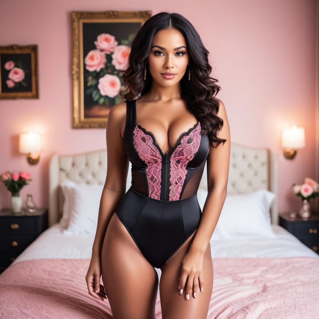 Confident Woman in Black and Pink Lace Bodysuit