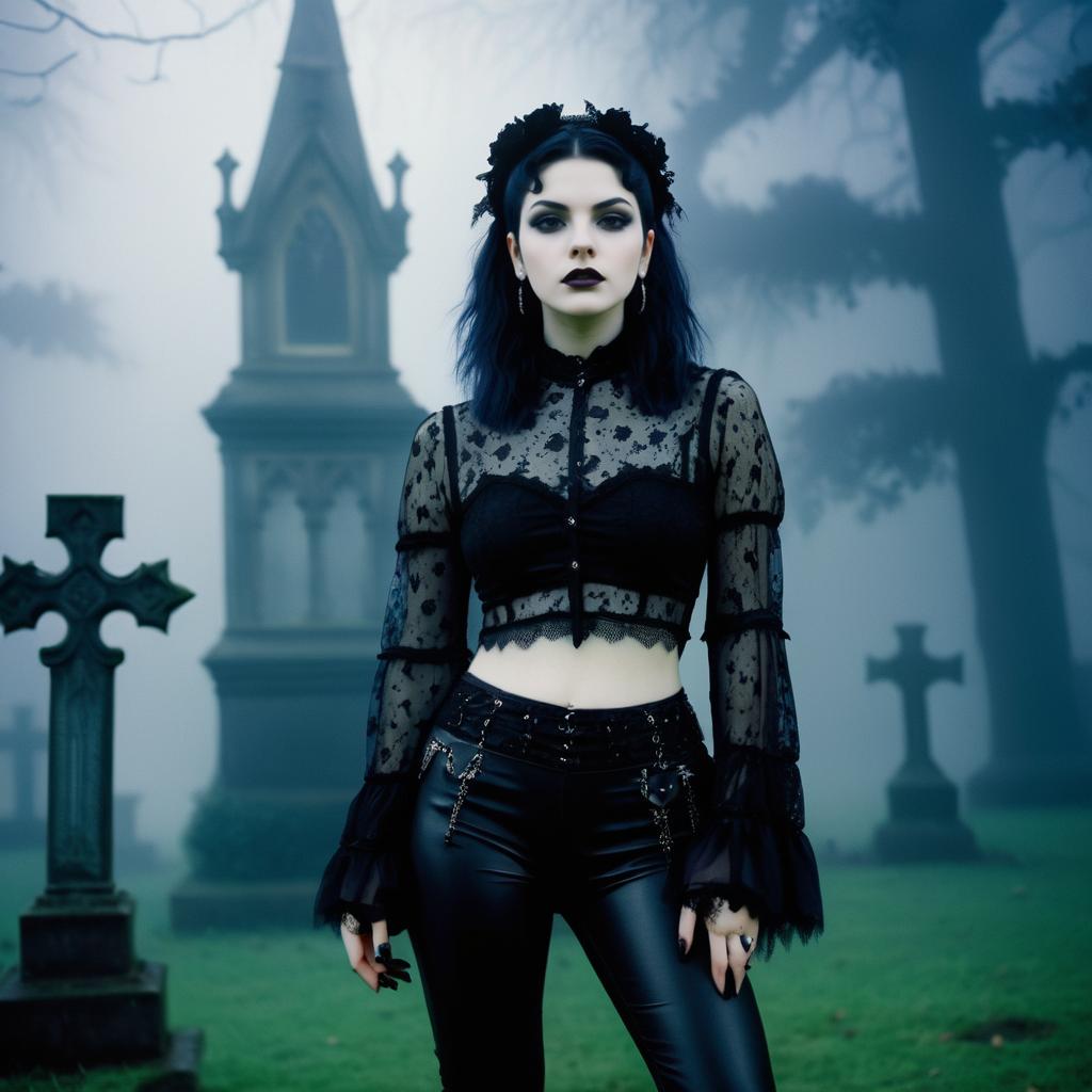 Gothic Woman in Misty Graveyard