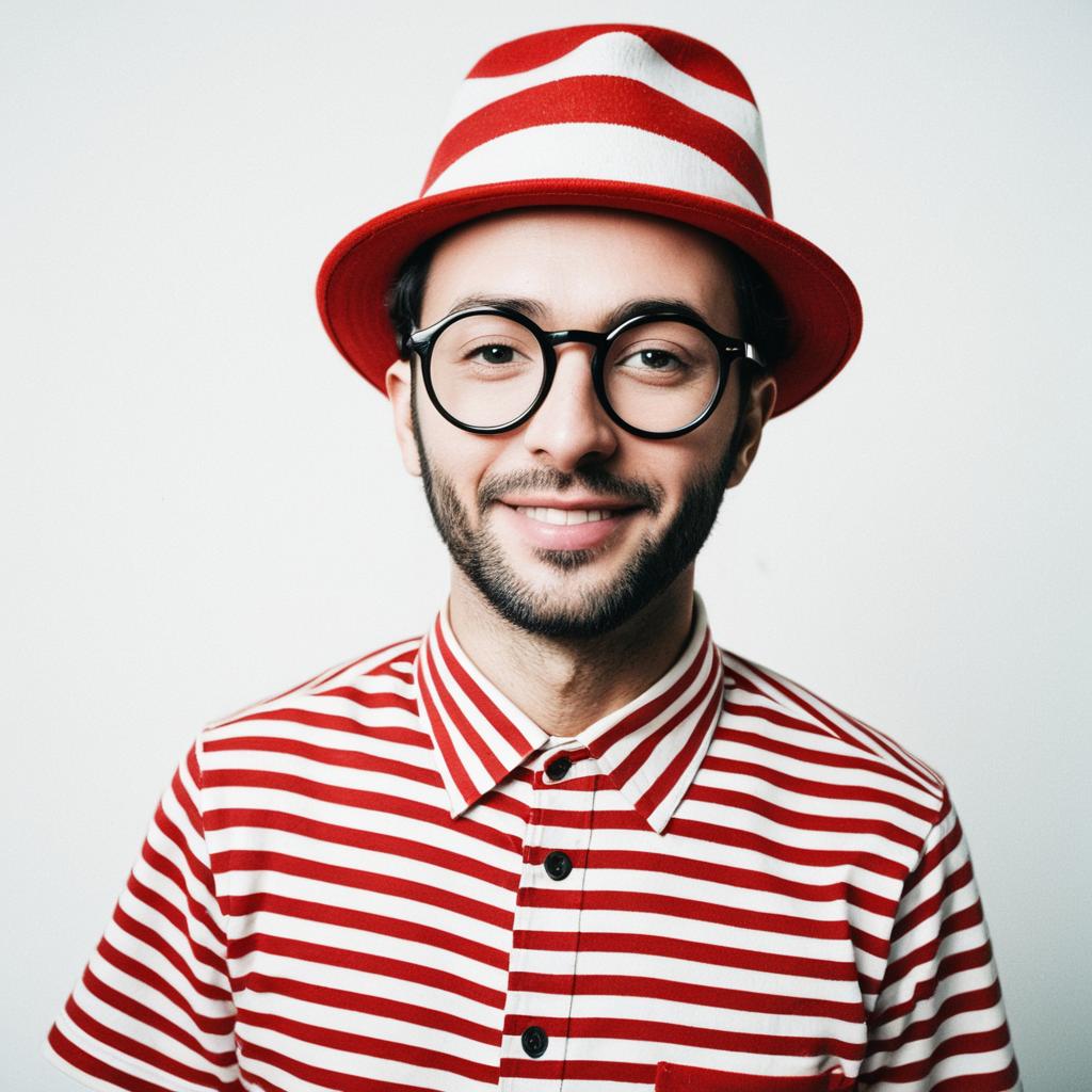 Man Wearing Classic Waldo Costume with Striped Shirt and Hat