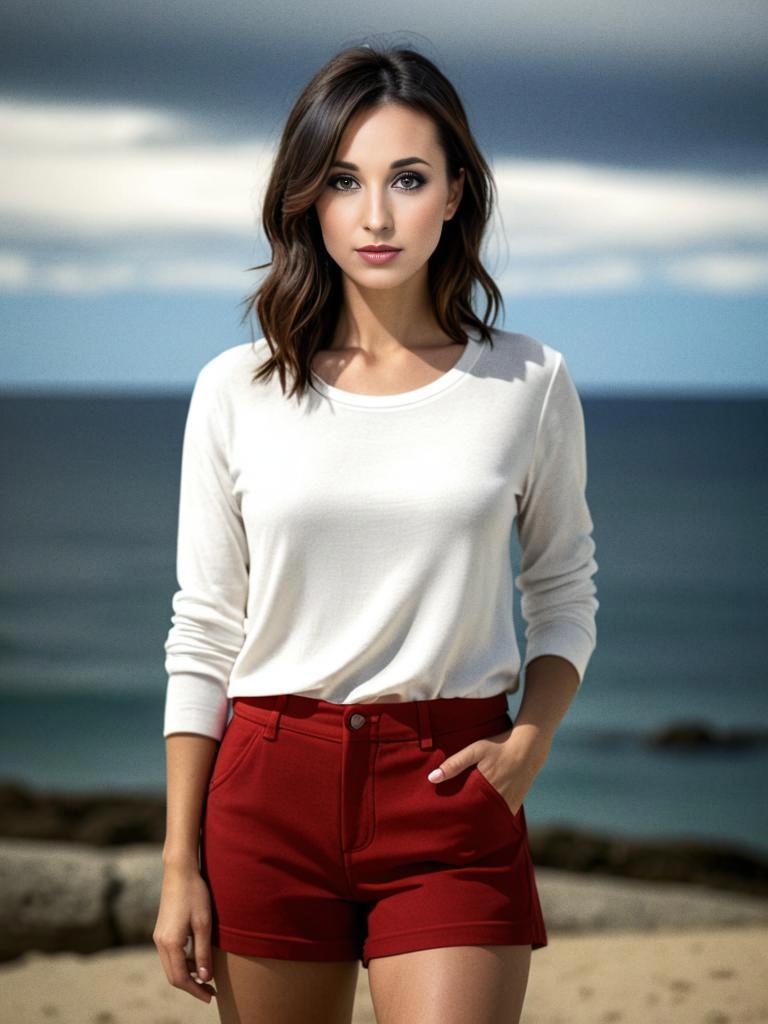 Confident Woman on Beach in White Top and Red Shorts