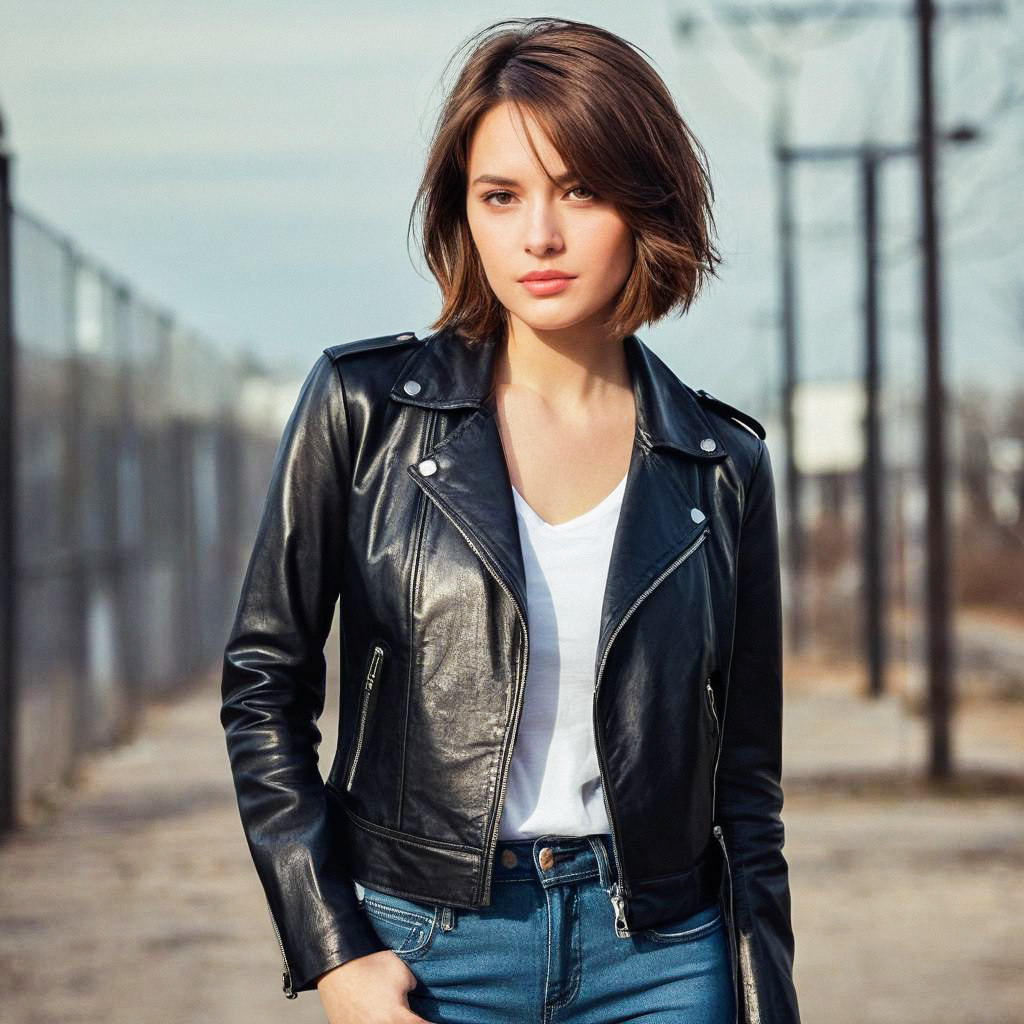 Confident Woman in Leather Jacket Outdoors Confident Woman in Leather Jacket Outdoors